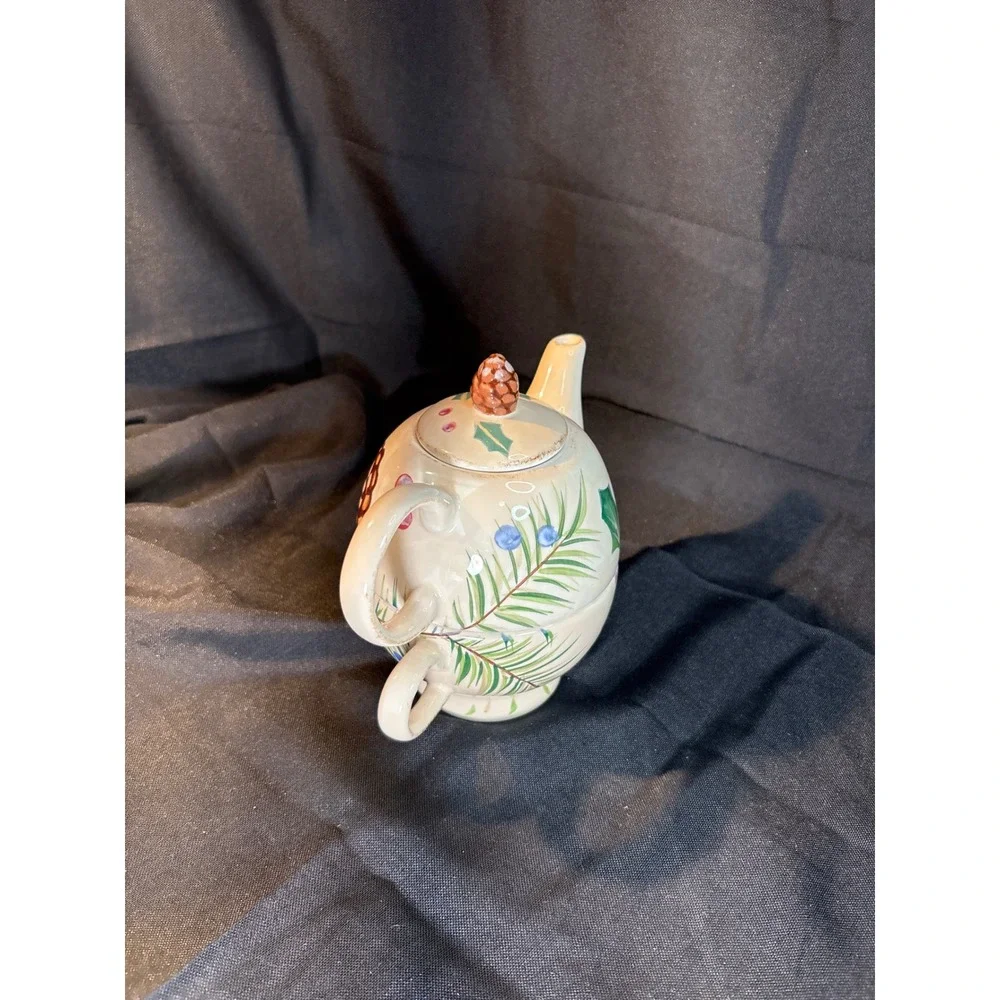 Vintage Pinecone Holly Teapot and Cup Set Hand Painted Ceramic Christmas Holiday
